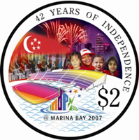 reverse of 2 Dollars - 42nd Anniversary of Independence (2007) coin with KM# 193a from Singapore. Inscription: 42 YEARS OF INDEPENDENCE ndp @ MARINA BAY 2007 $2