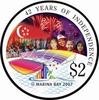 Singapore coin 2 Dollars - 42nd Anniversary of Independence (2007) reverse reverse of 2 Dollars - 42nd Anniversary of Independence (2007) coin with KM# 193a from Singapore. Inscription: 42 YEARS OF INDEPENDENCE ndp @ MARINA BAY 2007 $2