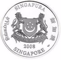 obverse of 2 Dollars - 43rd Anniversary of Independence (2008) coin from Singapore. Inscription: SINGAPURA சிங்கப்பூர் 新加坡 2008 SINGAPORE