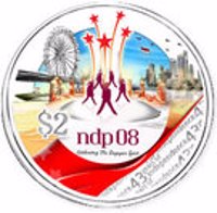 reverse of 2 Dollars - 43rd Anniversary of Independence (2008) coin from Singapore. Inscription: $2 ndp 08 Celebrating the Singapore Spirit 43 years of Independence