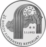 reverse of 25 Euro - 25 Years of Republic Slovakia (2018) coin from Slovakia. Inscription: 25 ROKOV SLOVENSKEJ REPUBLIKY 1.1.1993 €