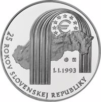 Slovakia coin 25 Euro - 25 Years of Republic Slovakia (2018) reverse reverse of 25 Euro - 25 Years of Republic Slovakia (2018) coin from Slovakia. Inscription: 25 ROKOV SLOVENSKEJ REPUBLIKY 1.1.1993 €