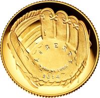 obverse of 5 Dollars - National Baseball Hall of Fame (2014) coin with KM# 578 from United States. Inscription: LIBERTY, IN GOD WE TRUST, 2014.