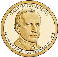 obverse of 1 Dollar - Calvin Coolidge (2014) coin with KM# 572 from United States. Inscription: CALVIN COOLIDGE IN GOD WE TRUST 30th PRESIDENT 1923-1929