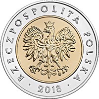 obverse of 5 Złotych - 100th Anniversary of Regaining Independence by Poland (2018) coin from Poland. Inscription: RZECZPOSPOLITA POLSKA mw 2018