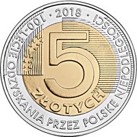 Poland coin 5 Złotych - 100th Anniversary of Regaining Independence by Poland (2018) reverse reverse of 5 Złotych - 100th Anniversary of Regaining Independence by Poland (2018) coin from Poland. Inscription: 2018 100 - LECIE ODZYSKANIA PRZEZ POLSKĘ NIEPODLEGŁOŚCI 5 ZŁOTYCH