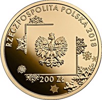 obverse of 200 Złotych - Polish Olympic Team – PyeongChang 2018 (2018) coin with Y# 1006 from Poland. Inscription: RZECZPOSPOLITA POSLKA 2018 mw 200 ZŁ
