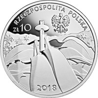 obverse of 10 Złotych - Polish Olympic Team – PyeongChang 2018 (2018) coin with Y# 1004 from Poland. Inscription: RZECZPOSPOLITA POLSKA ZŁ 10 mw 2018