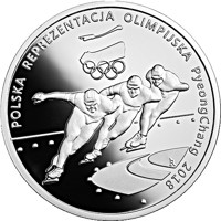 reverse of 10 Złotych - Polish Olympic Team – PyeongChang 2018 (2018) coin with Y# 1004 from Poland. Inscription: POLSKA REPREZENTACJA OLIMPIJSKA PyeongChang 2018 RK