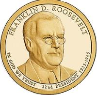 obverse of 1 Dollar - Franklin D. Roosevelt (2014) coin with KM# 574 from United States. Inscription: FRANKLIN D. ROOSEVELT 32nd PRESIDENT 1933 - 1945 IN GOD WE TRUST