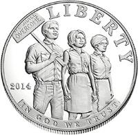 obverse of 1 Dollar - Civil Rights Act 1964 (2014) coin with KM# 579 from United States. Inscription: WE SHALL OVERCOME LIBERTY, 2014 IN GOD WE TRUST