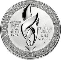 reverse of 1 Dollar - Civil Rights Act 1964 (2014) coin with KM# 579 from United States. Inscription: CIVIL RIGHTS ACT OF 1964, SIGNED INTO LAW JULY 2, 1964, E PLURIBUS UNUM, ONE DOLLAR UNITED STATES OF AMERICA.