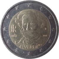 obverse of 2 Euro - Giuseppe Verdi (2013) coin with KM# 357 from Italy. Inscription: RI R 1813 2013 MCC G. VERDI