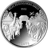 obverse of 1 Lats - Riga Zoo (2012) coin with KM# 129 from Latvia. Inscription: RĪGAS ZOOLOĢISKAIS DĀRZS 1912 ZOODĀRZS 1 LATS