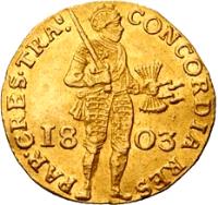 Netherlands coin 1 Ducat - Trade Coinage (1801 - 1805) obverse obverse of 1 Ducat - Trade Coinage (1801 - 1805) coin with KM# 11.3 from Netherlands. Inscription: PAR:CRES:TRA...