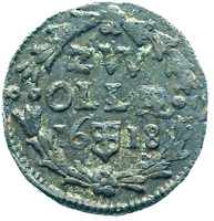 Dutch Republic coin 1 Duit (1618) reverse reverse of 1 Duit (1618) coin with KM# 21 from Dutch Republic. Inscription: ZW. OL.LAE