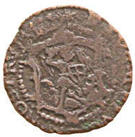 obverse of 1 Duit (1636 - 1639) coin from Dutch Republic. Inscription: DEVS. REFVGIVM. NOSTRVM.
