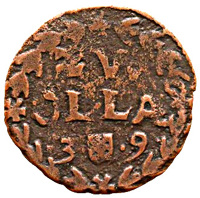 reverse of 1 Duit (1636 - 1639) coin from Dutch Republic. Inscription: ZW OL.L