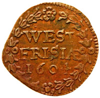 Dutch Republic coin 1 Duit (1604 - 1605) reverse reverse of 1 Duit (1604 - 1605) coin with KM# 10 from Dutch Republic. Inscription: WEST FRISIAE 1604