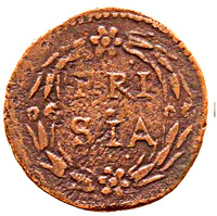 Dutch Republic coin 1 Duit (1591 - 1592) reverse reverse of 1 Duit (1591 - 1592) coin from Dutch Republic. Inscription: ... FRI . SIA ...