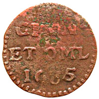 Dutch Republic coin 1 Duit (1681 - 1692) reverse reverse of 1 Duit (1681 - 1692) coin with KM# 35 from Dutch Republic. Inscription: GRON. ET.OML