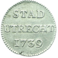 Dutch Republic coin 1 Duit (1739 - 1794) reverse reverse of 1 Duit (1739 - 1794) coin with KM# 91a from Dutch Republic. Inscription: STAD UTRECHT 1739