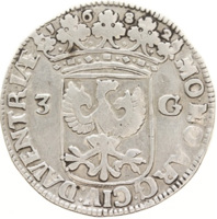 Dutch Republic coin 3 Gulden (1682 - 1687) obverse obverse of 3 Gulden (1682 - 1687) coin with KM# 76 from Dutch Republic. Inscription: MO.NO.ARG.CIV.DAVENTRIAE 3 G