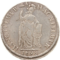 Dutch Republic coin 3 Gulden (1698) reverse reverse of 3 Gulden (1698) coin with KM# 93 from Dutch Republic. Inscription: HAC NITI MVR HAN CTVEMVR 1698