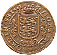 Dutch Republic coin 1 Oord (1607 - 1610) obverse obverse of 1 Oord (1607 - 1610) coin with KM# 26 from Dutch Republic. Inscription: MONE x NOVA x ORDINVM x FRI (year)