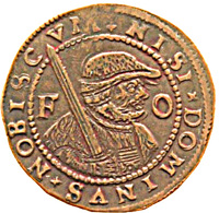 Dutch Republic coin 1 Oord (1607 - 1610) reverse reverse of 1 Oord (1607 - 1610) coin with KM# 26 from Dutch Republic. Inscription: NISI. DOMINVS. NOBISCVM