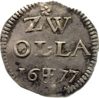 Dutch Republic coin 2 Stuivers (1672 - 1679) reverse reverse of 2 Stuivers (1672 - 1679) coin with KM# 76 from Dutch Republic. Inscription: ZW OLLA