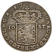 Dutch Republic coin 10 Stuivers (1751) obverse obverse of 10 Stuivers (1751) coin with KM# 87 from Dutch Republic. Inscription: MOARGORD FOE BELG D : GEL&C : Z •
