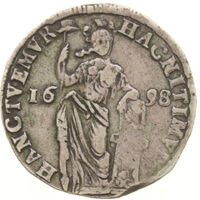reverse of 1 Gulden (1698) coin from Dutch Republic. Inscription: HAC NITI MVR HAN CTVEMVR 1698