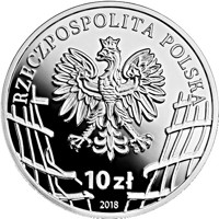 obverse of 10 Złotych - August Emil Fieldorf ‘Nil’ (2018) coin with Y# 1005 from Poland. Inscription: RZECZPOSPOLITA POLSKA mw 10 zł 2018