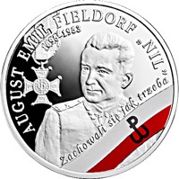 reverse of 10 Złotych - August Emil Fieldorf ‘Nil’ (2018) coin with Y# 1005 from Poland. Inscription: AUGUST EMIL FIELDORF 