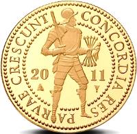 obverse of 2 Golden Ducat - Beatrix - Gold Bullion (1988 - 2015) coin with KM# 211 from Netherlands. Inscription: CONCORDIA RES PARVAE CRESCUNT