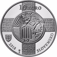 obverse of 10 Euro - 150th Anniversary of the Recognition of the Slavonic Liturgical Language (2018) coin from Slovakia. Inscription: 10 EURO 2018 SLOVENSKO