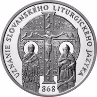 reverse of 10 Euro - 150th Anniversary of the Recognition of the Slavonic Liturgical Language (2018) coin from Slovakia. Inscription: UZNANIE SLOVANSKÉHO LITURGICKÉHO JAZYKA 868