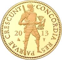 obverse of 1 Golden Ducat - Beatrix - Gold Bullion (1986 - 2015) coin with KM# 190.2 from Netherlands. Inscription: CONCORDIA RES PARVAE CRESCUNT