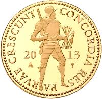 Netherlands coin 1 Golden Ducat - Beatrix - Gold Bullion (1986 - 2015) obverse obverse of 1 Golden Ducat - Beatrix - Gold Bullion (1986 - 2015) coin with KM# 190.2 from Netherlands. Inscription: CONCORDIA RES PARVAE CRESCUNT