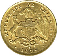 Chile coin 2 Pesos (1867 - 1875) obverse obverse of 2 Pesos (1867 - 1875) coin with KM# 143 from Chile. Inscription: REPUBLICA DE CHILE So 1874