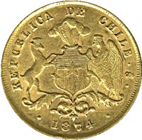 obverse of 2 Pesos (1867 - 1875) coin with KM# 143 from Chile. Inscription: REPUBLICA DE CHILE So 1874