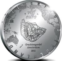reverse of 5 Euro - Beatrix - Grachtengordel (2012) coin with KM# 315 from Netherlands. Inscription: NEDERLANDS WERELDERFGOED vijf euro Grachtengordel Amsterdam 2012