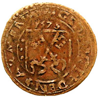 Dutch Republic coin 1 Oord (1573) obverse obverse of 1 Oord (1573) coin from Dutch Republic. Inscription: + . GEDENCT + DEN + ARMEN (of variant).