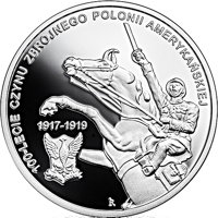 reverse of 10 Złotych - 100th Anniversary of the Military Effort of Polish Americans (2018) coin from Poland. Inscription: 100-LECIE CZYNU ZBROJNEGO POLONII AMERYKAŃSKIEJ 1917-1919 RK