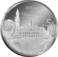 reverse of 5 Euro - Willem-Alexander - Peace Palace (2013) coin with KM# 333 from Netherlands. Inscription: 100 jaar Vredespaleis 5€ ARBITRAGE RECHT VREDE