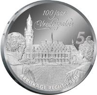 Netherlands coin 5 Euro - Willem-Alexander - Peace Palace (2013) reverse reverse of 5 Euro - Willem-Alexander - Peace Palace (2013) coin with KM# 333 from Netherlands. Inscription: 100 jaar Vredespaleis 5€ ARBITRAGE RECHT VREDE