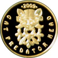 reverse of 50 Tenge - Cat predator head (2009) coin from Kazakhstan. Inscription: 2009 CAT PREDATOR HEAD