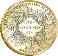 reverse of 10 Euro - Willem-Alexander - 200th anniversary of The Dutch Bank (2014) coin with KM# 355 from Netherlands. Inscription: DE NEDERLANDSCHE BANK 10 EURO MJG 200 JAAR