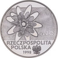 obverse of 20 Złotych - 100th anniversary of discovering Polonium and Radium (1998) coin with Y# 354 from Poland. Inscription: ZŁ 20 RZECZPOSPOLITA POLSKA 1998 mw